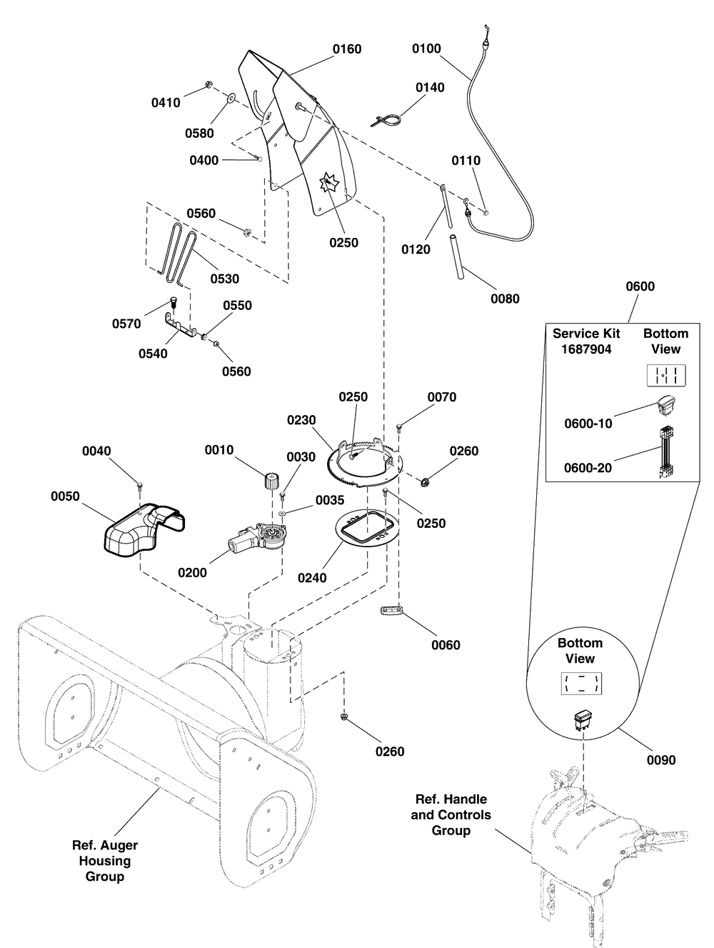 Chute And Rotation Group Diagram and Parts List for 1696484-00-CM741450SE  Briggs and Stratton Snow Blower